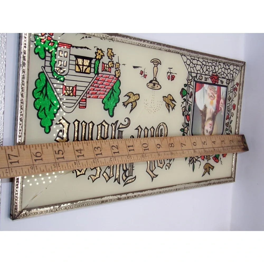 Vtg GOD BLESS OUR HOME Foil Mirror Glass Plaque Scalloped Wall Art 16x8